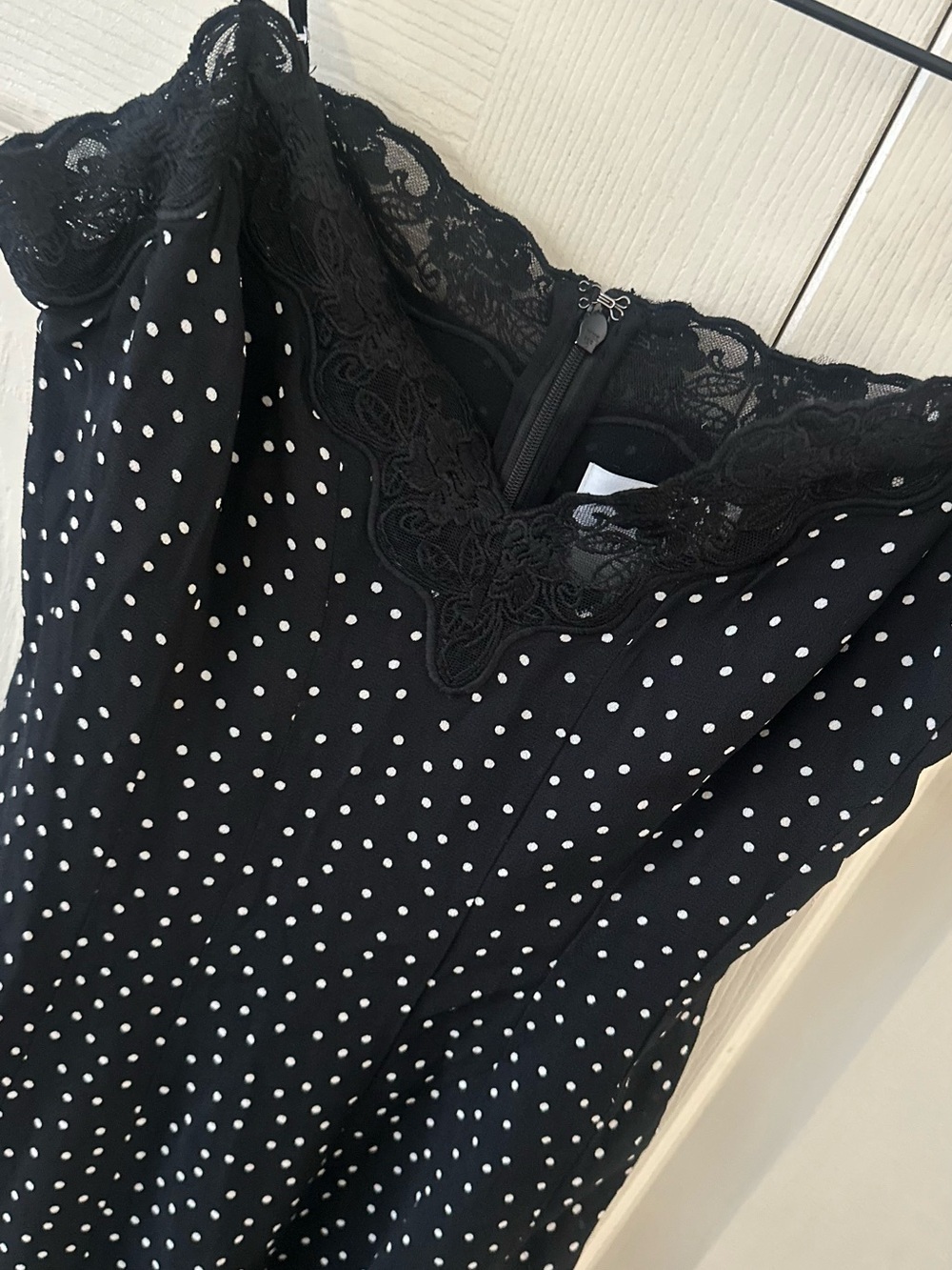 Reformation Black with White Polka Dots Lace-Trim Midi Slip Dress w/Split Sz 4 - Picture 6 of 15